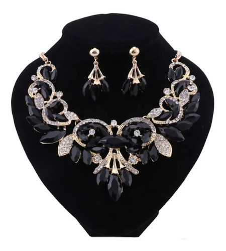 Elegante Collar Maxi Cristal Negro Oro Laminad Fiesta Regalo