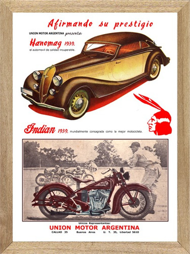 Moto Indian Y Hanomag  Auto, Cuadro, Poster Cartel L245