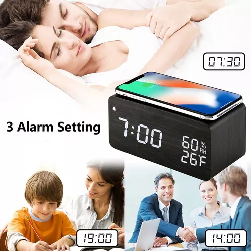 Reloj Despertador Digital De Madera Con Carga Inalámbrica Y