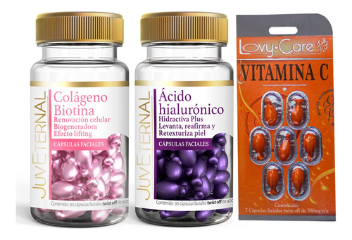 Pack 3pzas Cáps Faciales Colágeno + Ácido Hilurónico + Vit C