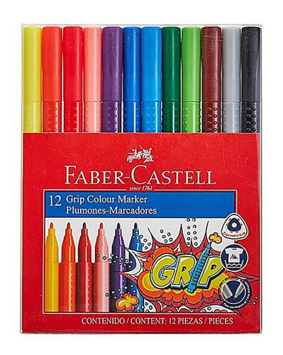 12 Plumones Marcadores Grip Estuche Base Agua Faber Castell