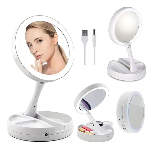 Espejo De Maquillaje Luz Led Doble Cara Ajustable Y Plegable