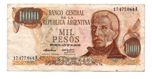 Billete 1000 Pesos Ley, Bottero 2436, Año 1974 Usado Bueno