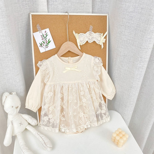 Vestido Bautizo Niña Con Encaje Conjunto 8 Piezas Para Bebe