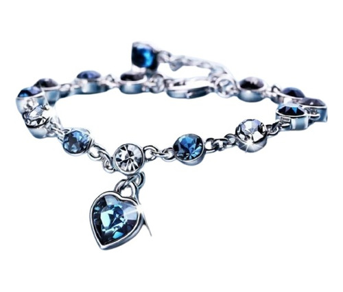 Pulsera Brazalete Con Dije Corazón De Cristal Azul Con Caja 