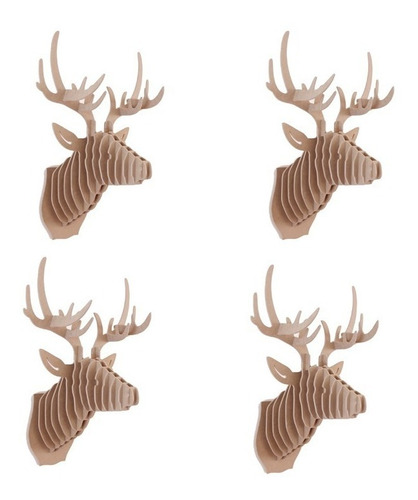 Lote 4 Pzs Venado 6mm Mdf Cabeza Decora Animal Trofeo Regalo