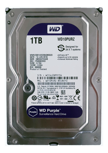 Disco Duro Hdd Wd Púrpura Wd10purz 1tb Dvr, Cctv, Servidores Violeta Oscuro (Usado)