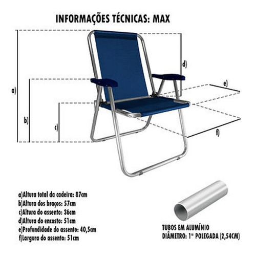 Kit 2 Cadeira Max Alumínio Reforçada Até 140kg Cinza Zaka