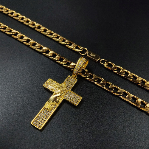 Corrente 100% Tungstênio Masculina Cruz Crucifixo Jesus Cor Dourado