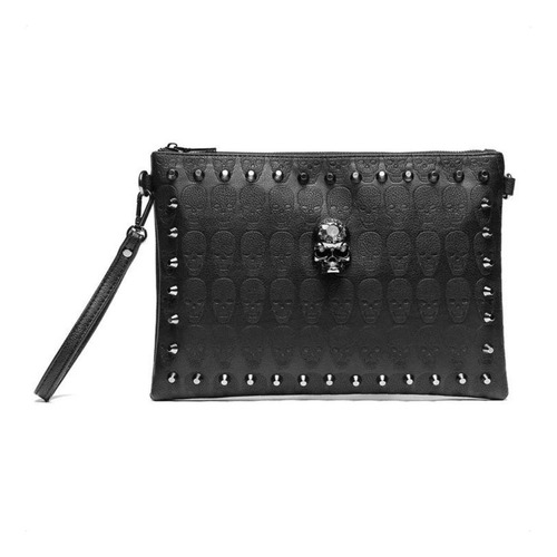 Clutch Cartera De Mujer Sobre De Mano Doble Correa Calavera Acabado De Los Herrajes Níquel Color Negro Correa De Hombro Negro Diseño De La Tela Grabado Y Tachas