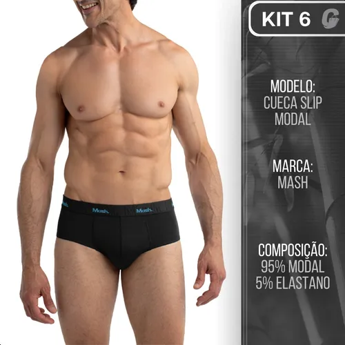 Kit 06 Cuecas Modal Slip Elástico Boxer Mash Masculino Nf