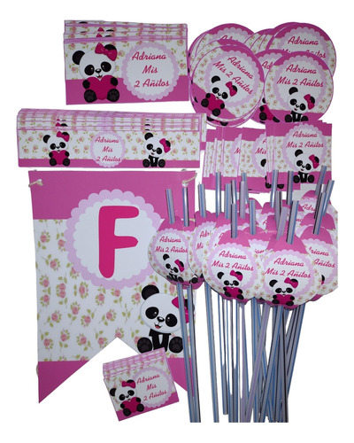 Combo Cotillón 15 Bolsitas Stickers Banderín Osita Panda