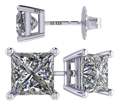 Jewels Aretes Diamante Corte Princesa Plata Y Circonita Cubi