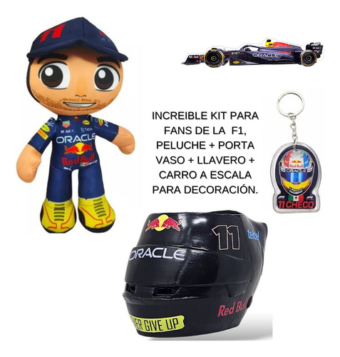 Checo Pérez Peluche + Porta Vasos + Llavero + Auto A Escala