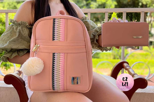 Morral Bolso Con Billetera Para Dama Cuero Sintético 