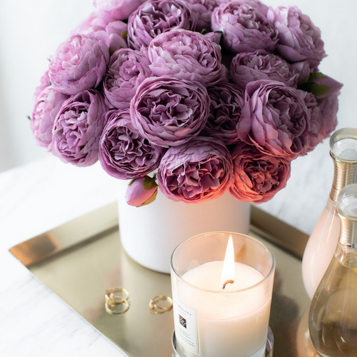 Arreglo Floral Artificial Peonias Moradas En Florero Blanco