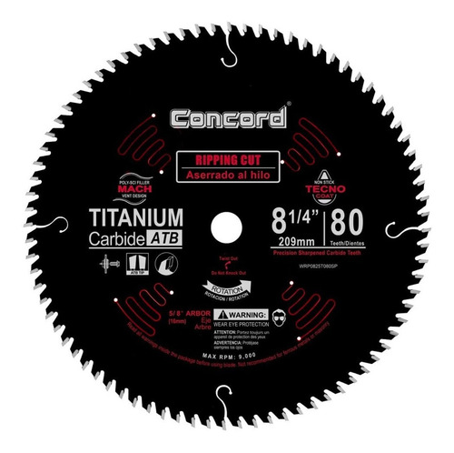 Disco Concord Para Sierra Circular 8-1/4 80 Dientes No-stick