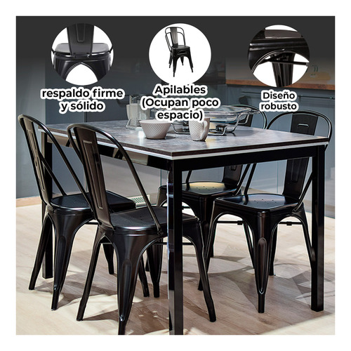 Pack 4 Silla De Comedor De Metal Negra Diseño Moderno Y Apil