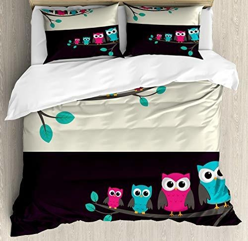 Ambesonne Dibujo Duvet Cover Set, Familia De Búhos Q37jd