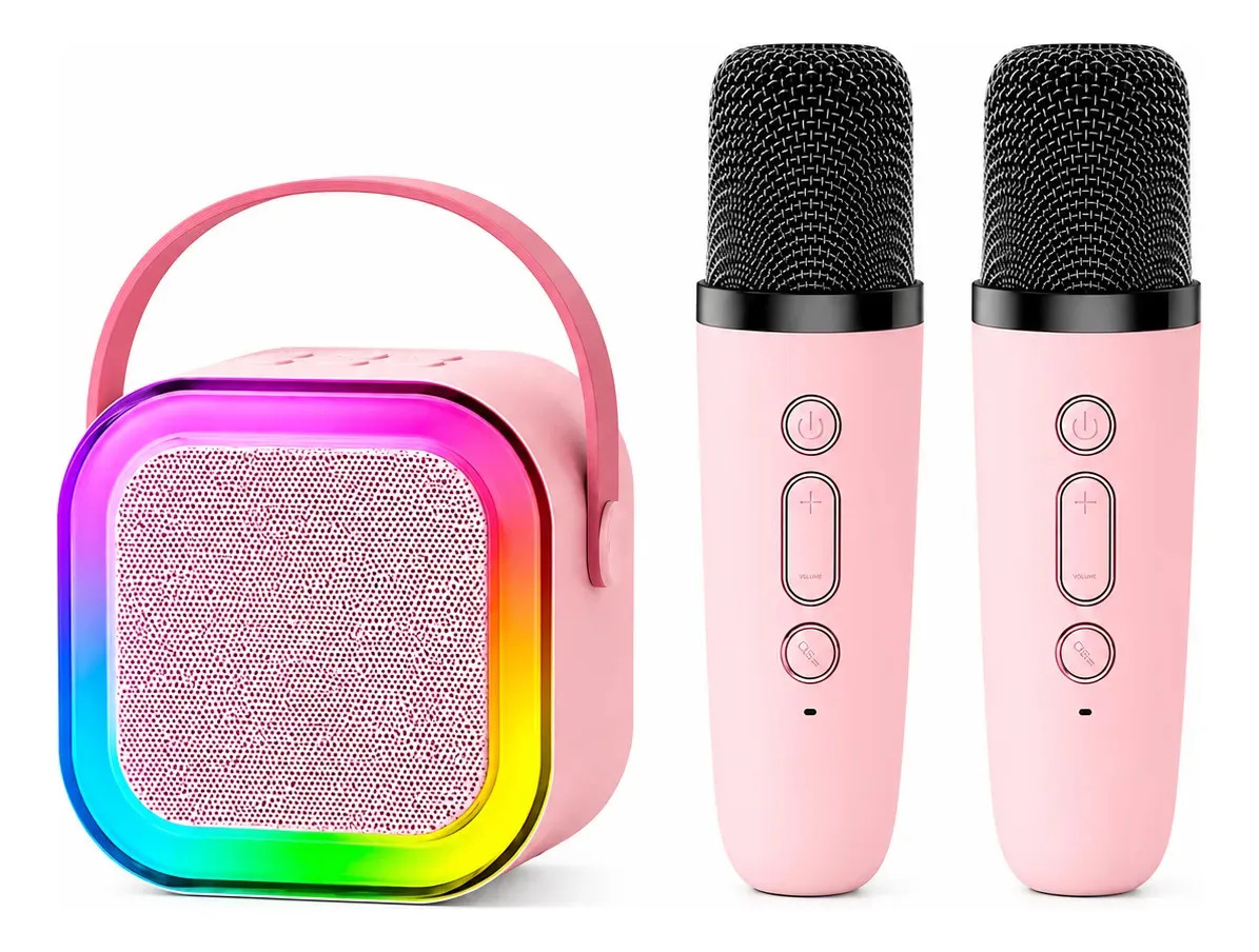 Caixinha Som Karaokê 2 Microfones Bluetooth Rosa