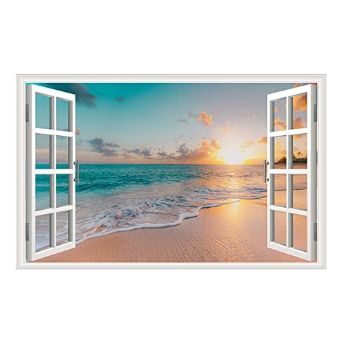 Adhesivo De Pared Para Ventana De Mar, Playa, Puesta De Sol,