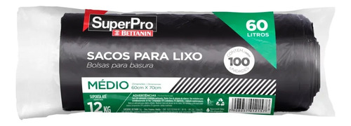 Saco De Lixo Médio 60 Litros Preto 100 Sacos Suporta 12 Kg