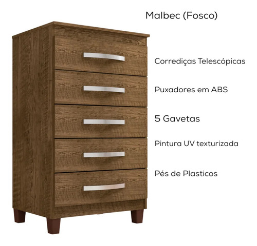 Comoda 5 Gavetas 57 Cm Moden 2259 Malbec Incp