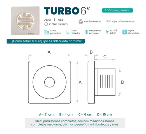 Imagen 4 de 7 de Extractor De Aire 6 Pulgadas Turbo Blanco Masterfan