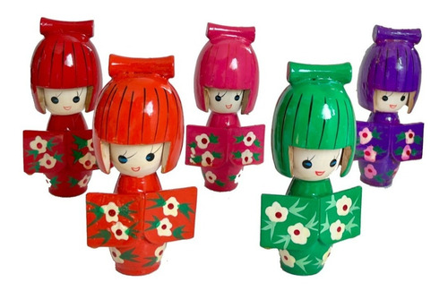 5 Muñecas Japonesas Kokeshi Madera Tradicional Kimono Geisha