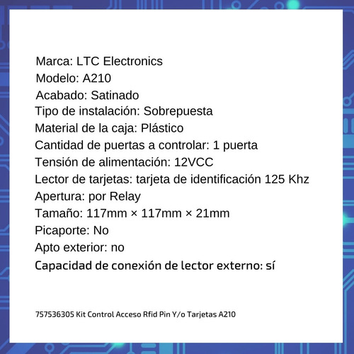 Imagen 2 de 10 de Kit Control Acceso Rfid Pin Y/o Tarjetas A210