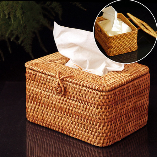Caja Rectangular De Papel Para Pañuelos De Ratán Con 2 Estan