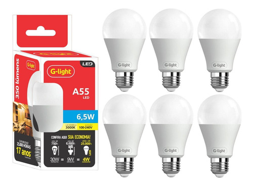 Kit 6 Lâmpadas Led 6,5w E27 Autovolt 3000k Branco Quente Cor