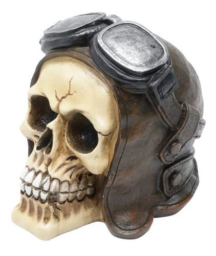 Caveira Resina Capacete Aviador Marrom 12cm Skull Avião