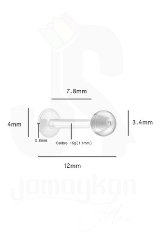 Piercing Labio Tragus Acrílico Translucido 12mm 16g Discreto