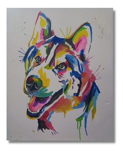 Cuadro Perrito Husky Colores En Acuarela Pintado A Mano