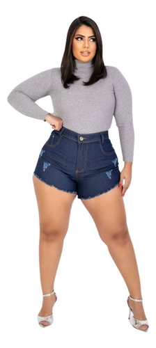 Short Plus Size Feminino Jeans Curto Desfiado Com Lycra Moda