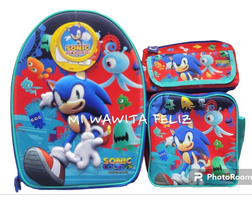 Pack Maleta Ruedas Sonic Azul Oficio Lonchera Cartuchera