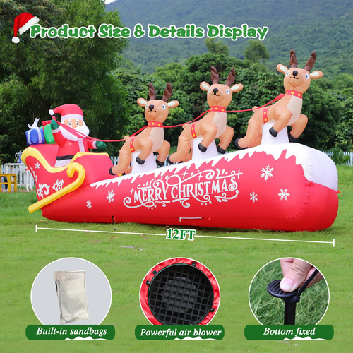 Papá Noel Inflable De Navidad 3 Renos 3.66 Metros Luces Led