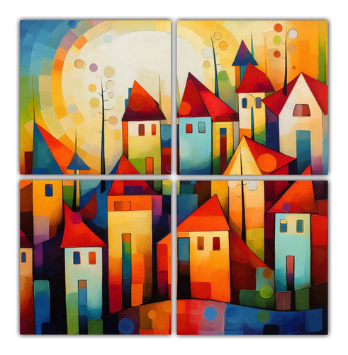 80x80cm Cuadro Paisaje Semi Abstracto Casas Alegres Flores