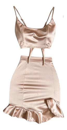 Conjunto Lía Tela Satín Sara Casual Mujer Beige