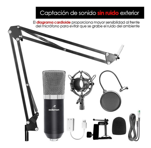 Micrófono Condensador Profesional Aux 3.5mm Antipop Redlemon