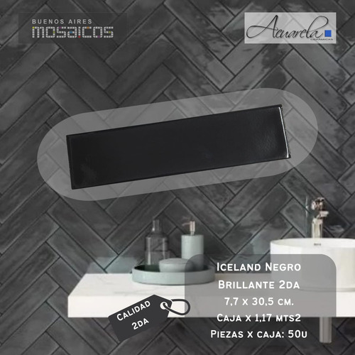 Azulejo Iceland 7,7 X 30 Acurela Negro Brillante Segunda