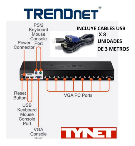 Switch Trendnet Tk-803r Kvm Usb 8 Puertos + 8 Cables 3mts.