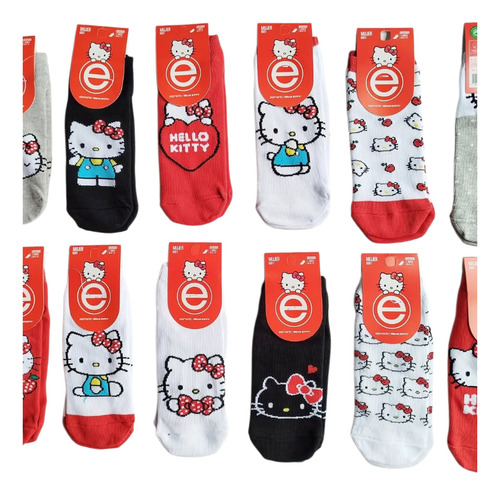 Pack X 12 Medias Soquetes Hello Kitty Elemento 35/40 Algodón Colores Surtidos Hello Kitty 35/40