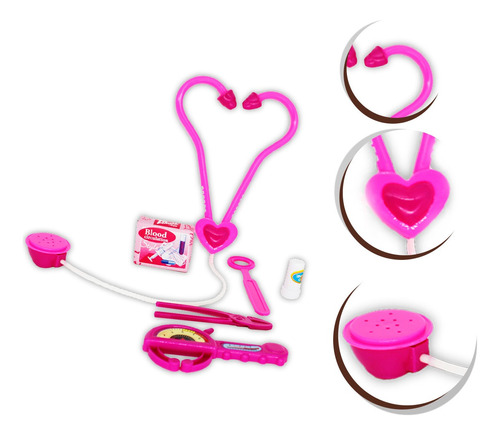 Imagem 1 de 7 de Kit Medico Brinquedo Pink 6pçs Estetoscópio Balança Remedio