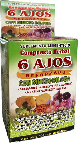 6 Ajos 2 Pz 100 Tabs Compuesto Herbal Ginkgo Biloba Ortiga Sabor Sin Sabor