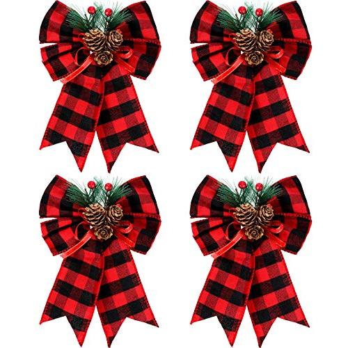 4 Pieces Christmas Bows Buffalo Plaid Bow Wreath Ribbon...