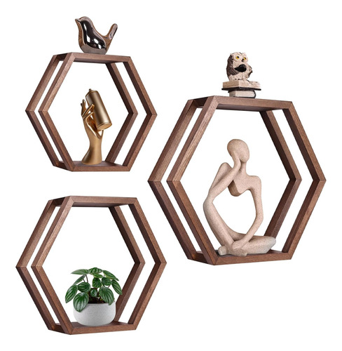 Juego De 3 Estantes Flotantes Hexagonales, Estantes De Mader