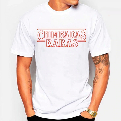 Camiseta Blanca Stranger Things Chimbadas Raras Logo Borde