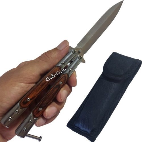 Navaja Mariposa Balisong Con Filo Mango Madera Avance Trucos